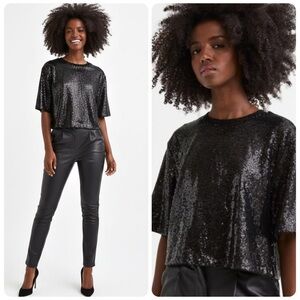 H&M Black Sequin Tee Size Med Night Out Holiday Party Glam Trendy Statement Sz M